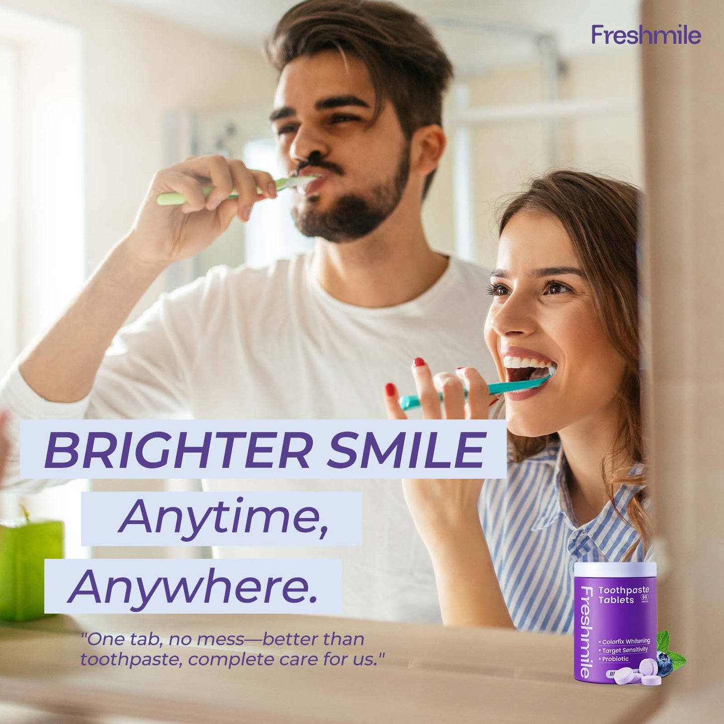 Whitening Toothpaste Tablets with Nano-Hydroxyapatite (NHA) Fluoride-Free, Purple Toothpaste Whiten for Sensitive Teeth & Gums, Travel-Friendly Tabs (60 Count)