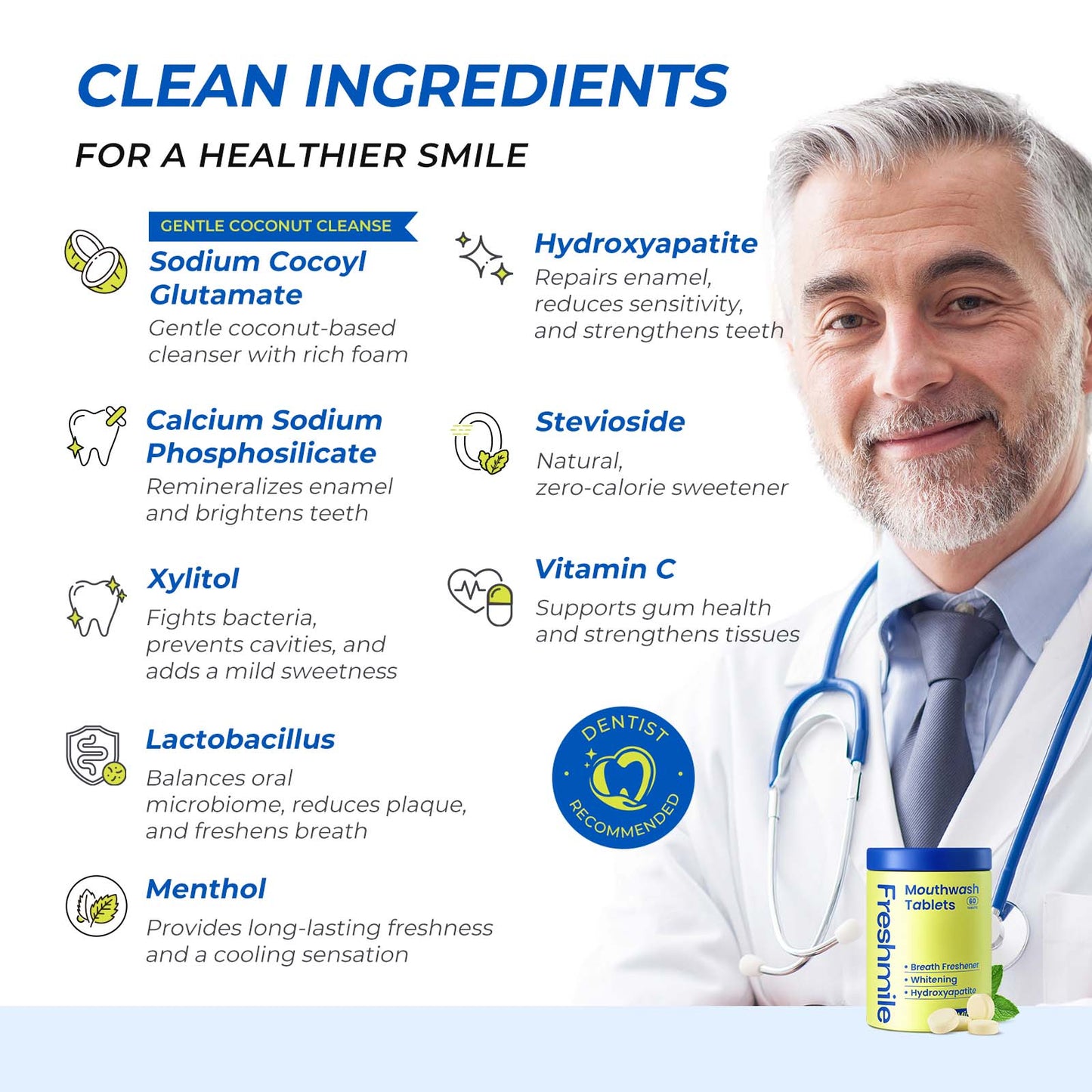 Travel Mouthwash Tablets for Smokers - Fluoride & Alcohol-Free, Xylitol & Nano-Hydroxyapatite (NHA) for Bad Breath Treatment & Natural Whitening, Mint Flavor (60 Count)