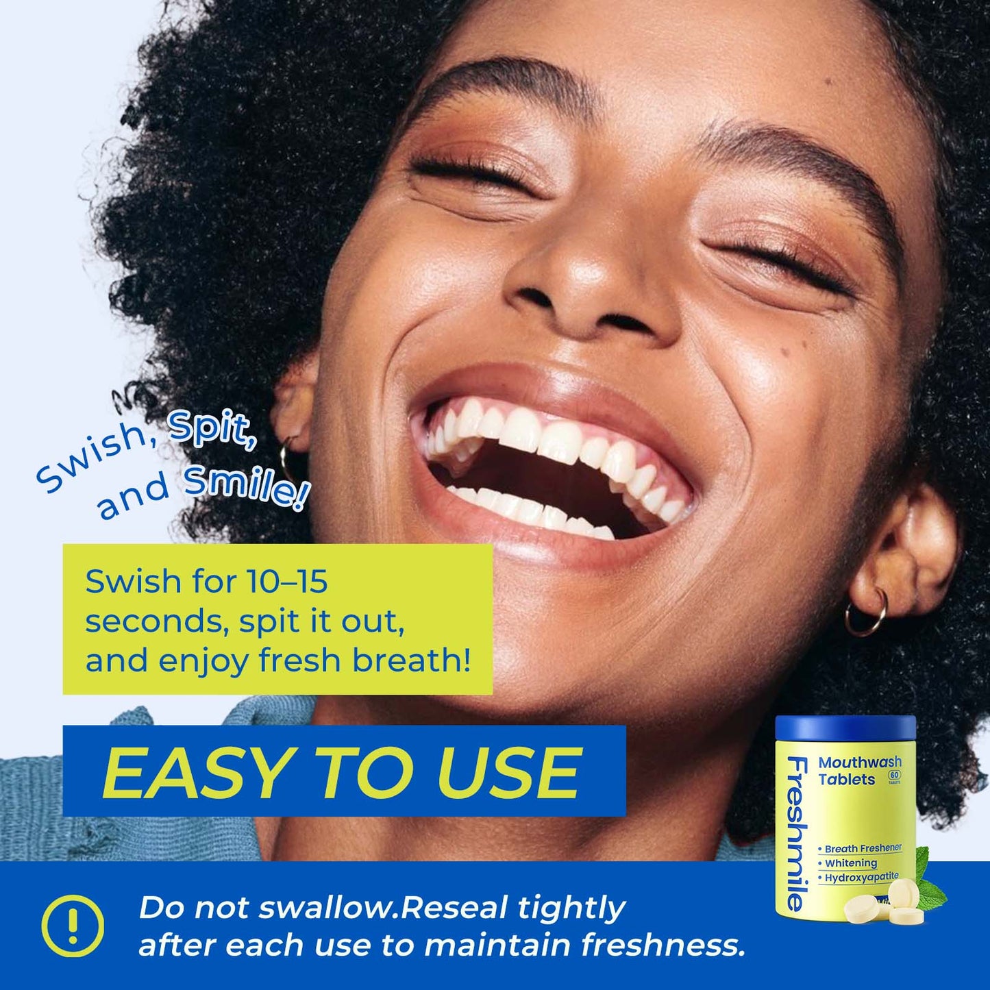 Travel Mouthwash Tablets for Smokers - Fluoride & Alcohol-Free, Xylitol & Nano-Hydroxyapatite (NHA) for Bad Breath Treatment & Natural Whitening, Mint Flavor (60 Count)