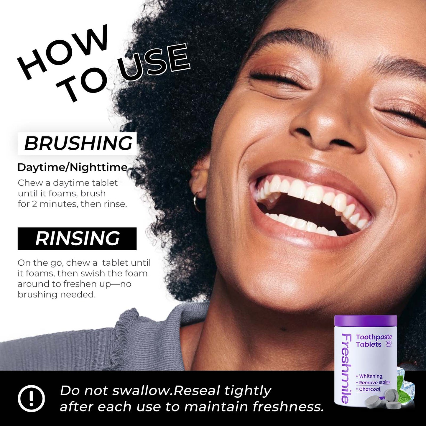 Whitening Toothpaste Tablets with Nano-Hydroxyapatite (NHA) for Smokers, Fluoride-Free, Charcoal Powder Whitening, Deep Clean, Enamel Repair, Travel-Friendly Tabs (60 Count)