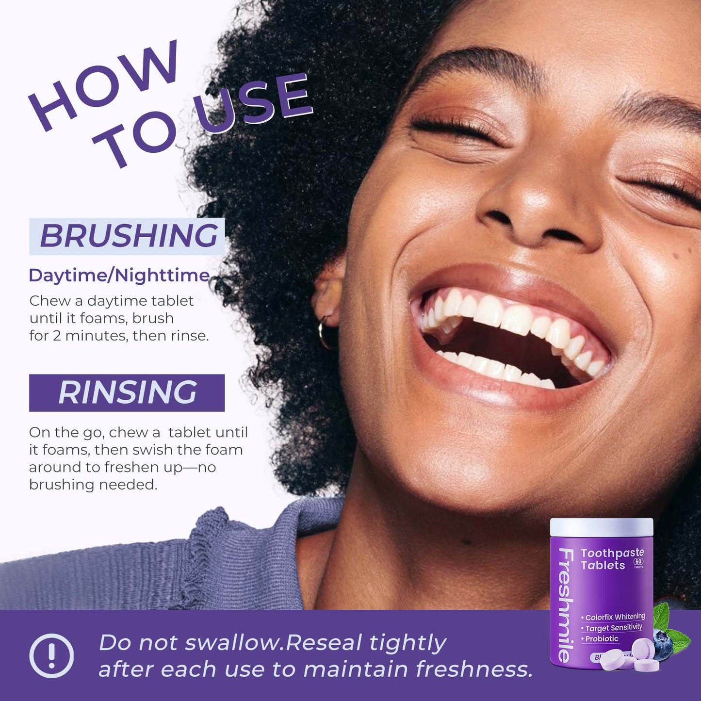 Whitening Toothpaste Tablets with Nano-Hydroxyapatite (NHA) Fluoride-Free, Purple Toothpaste Whiten for Sensitive Teeth & Gums, Travel-Friendly Tabs (60 Count)