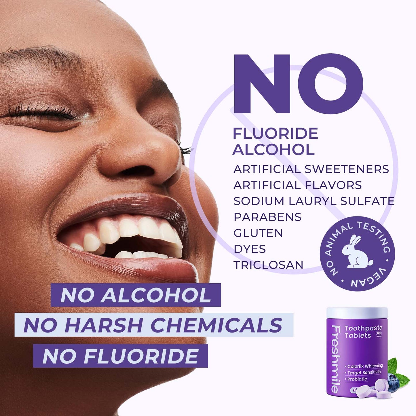 Whitening Toothpaste Tablets with Nano-Hydroxyapatite (NHA) Fluoride-Free, Purple Toothpaste Whiten for Sensitive Teeth & Gums, Travel-Friendly Tabs (60 Count)